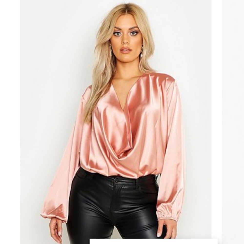 Boohoo Plus Satin Long Sleeve in Pink